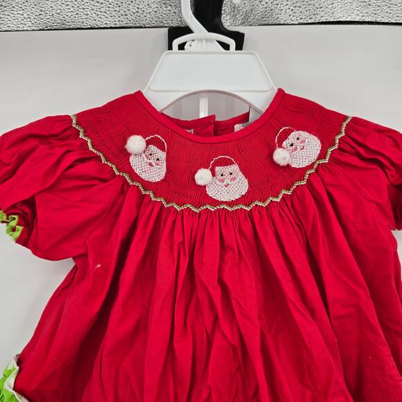 Smocked A Lot Vintage Baby Girl Santa Smocked Neck Ruffle Chevron Outfit 18M - Picture 2 of 9